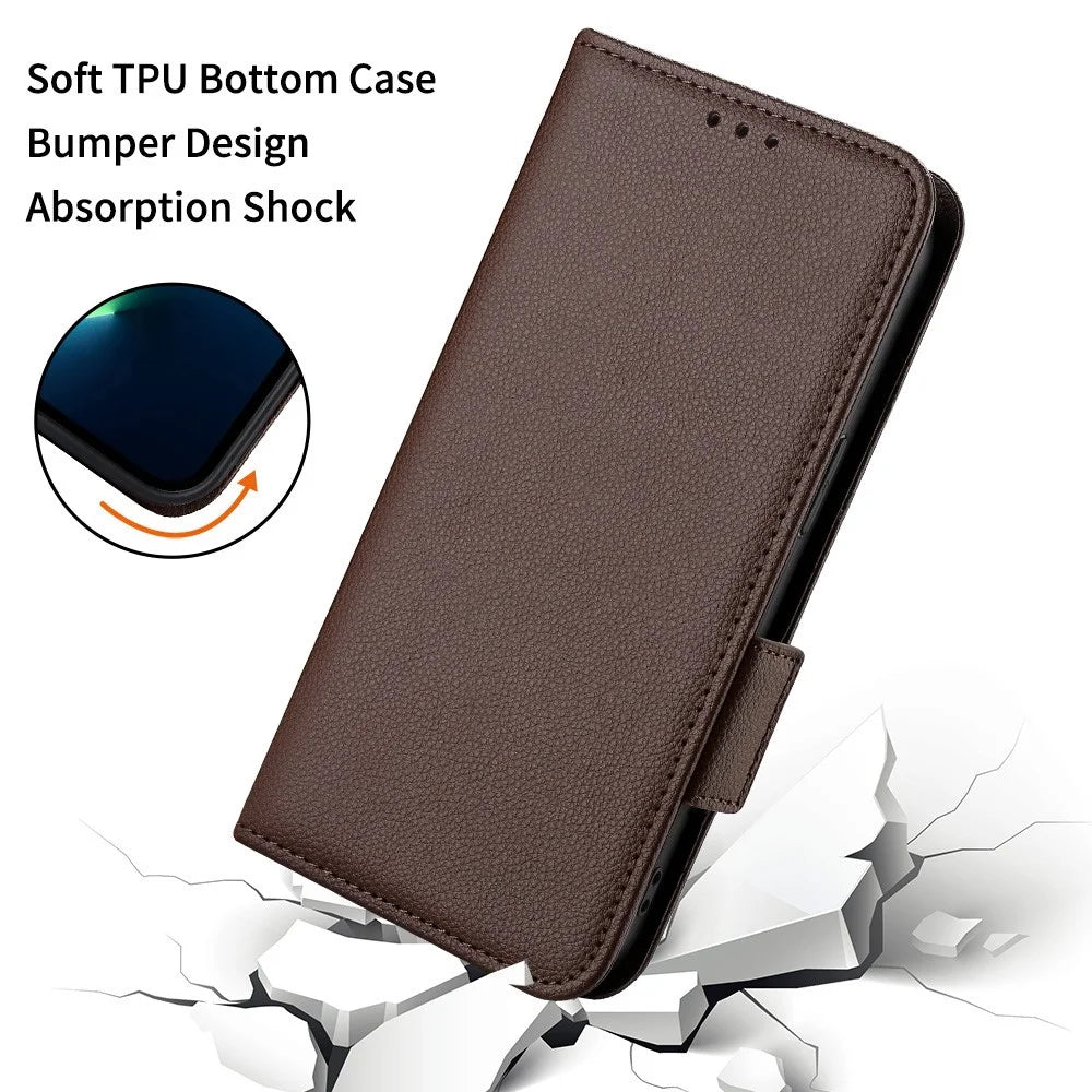 For iPhone 16 Case with Wrist Strap Litchi Texture PU Leather Wallet Phone Cover - Brown - 6