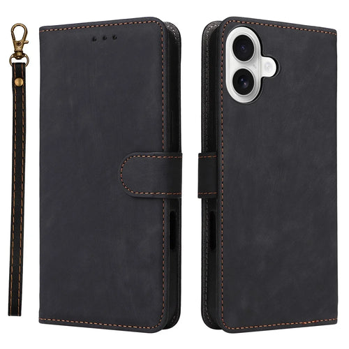 For iPhone 16 Wallet Case RFID Blocking PU Leather Cover Stand View - Black - 1