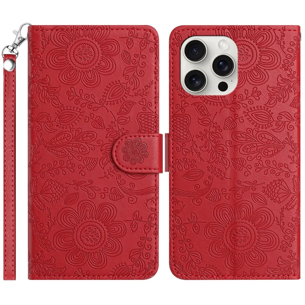 For iPhone 16 Pro Case Flower Imprint Leather Flip Wallet Phone Cover with Wrist Strap - Red - 1
