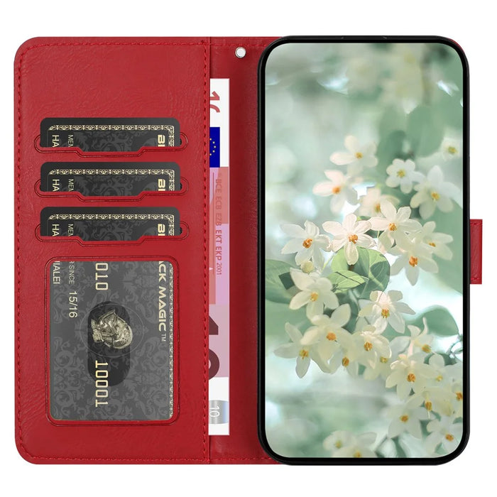 For iPhone 16 Pro Case Flower Imprint Leather Flip Wallet Phone Cover with Wrist Strap - Red - 2