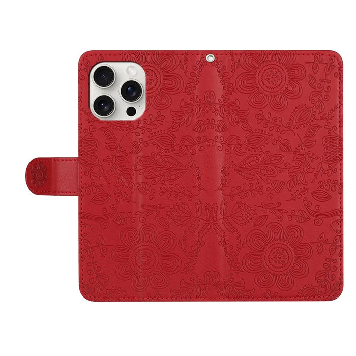 For iPhone 16 Pro Case Flower Imprint Leather Flip Wallet Phone Cover with Wrist Strap - Red - 4