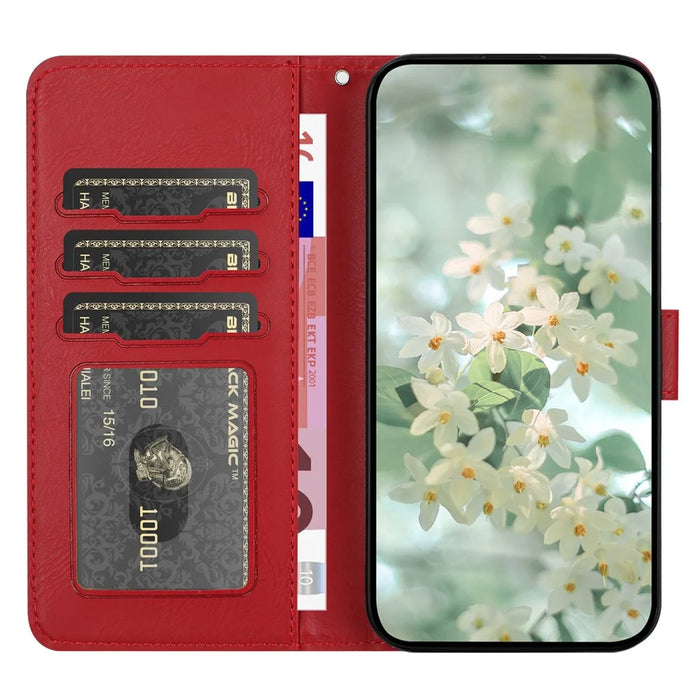 For iPhone 17e / 16e Case Flower Imprint Leather Flip Wallet Phone Cover with Wrist Strap - Red - 2