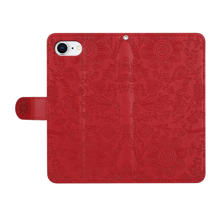 For iPhone 17e / 16e Case Flower Imprint Leather Flip Wallet Phone Cover with Wrist Strap - Red - 4