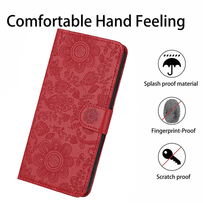 For iPhone 17e / 16e Case Flower Imprint Leather Flip Wallet Phone Cover with Wrist Strap - Red - 6