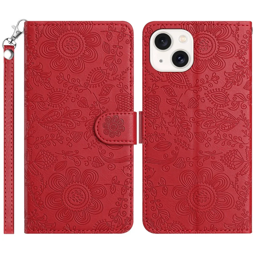 For iPhone 14 / 13 Case Flower Imprint Leather Flip Wallet Phone Cover with Wrist Strap - Red - 1