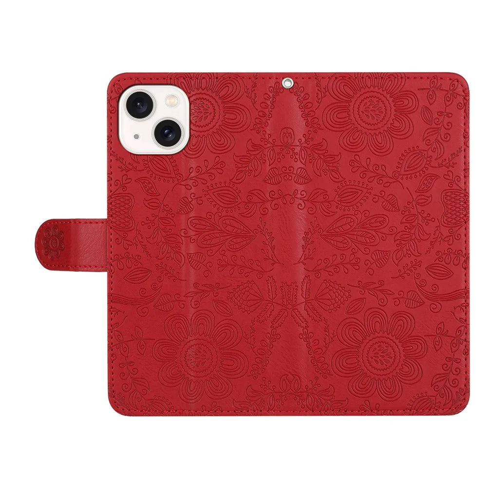 For iPhone 14 / 13 Case Flower Imprint Leather Flip Wallet Phone Cover with Wrist Strap - Red - 4