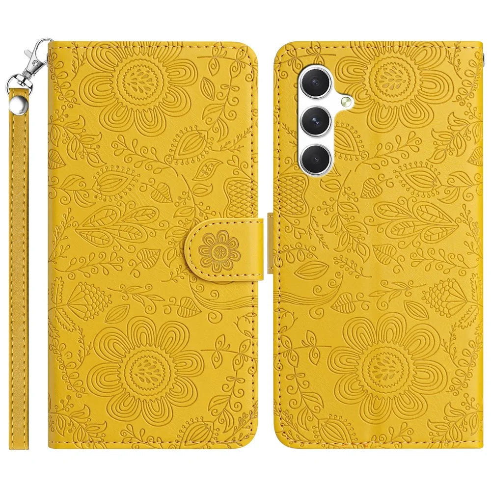 For Samsung Galaxy S25 / S24 Case Flower Imprint Leather Flip Wallet Phone Cover with Wrist Strap - Yellow - 1