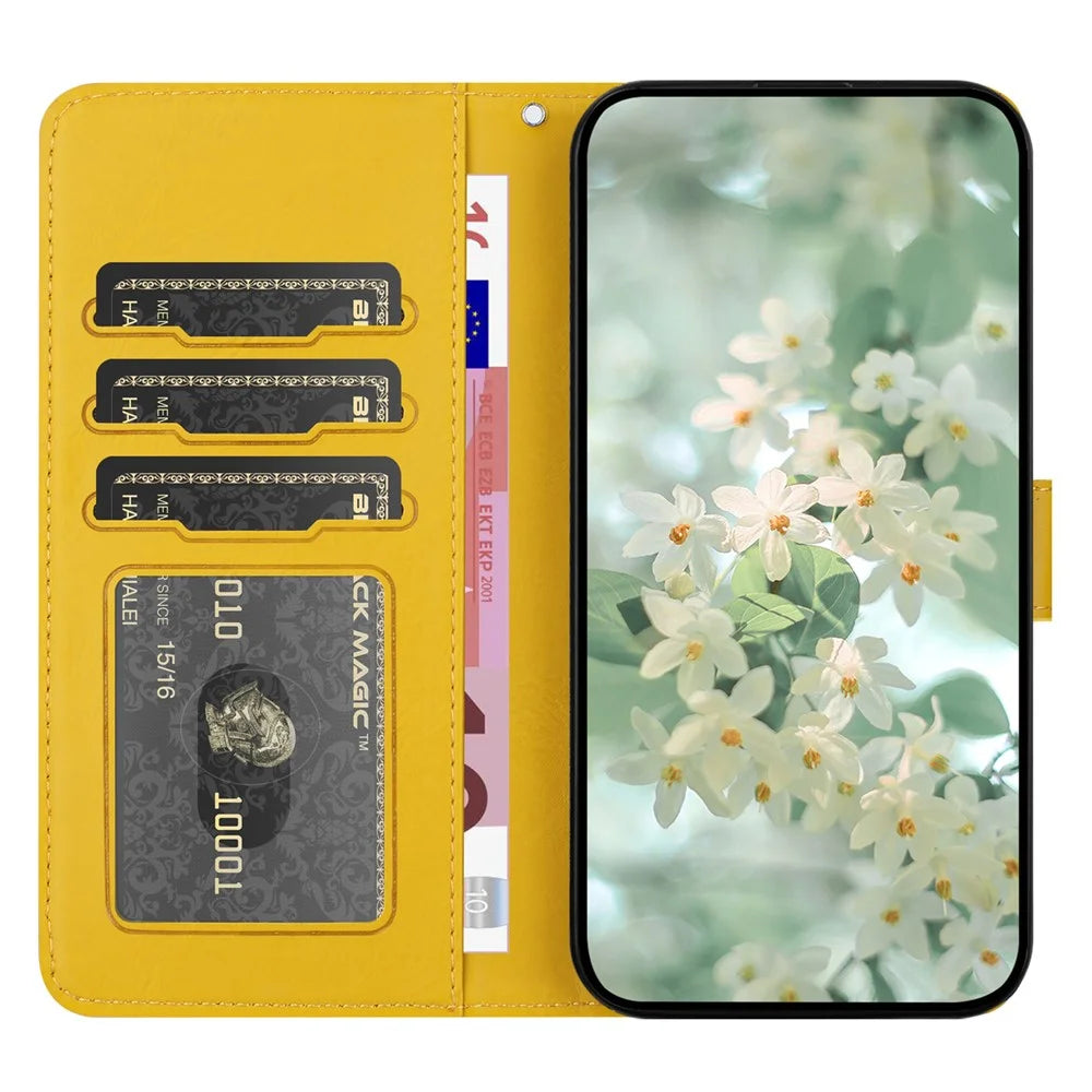 For Samsung Galaxy S25 / S24 Case Flower Imprint Leather Flip Wallet Phone Cover with Wrist Strap - Yellow - 2