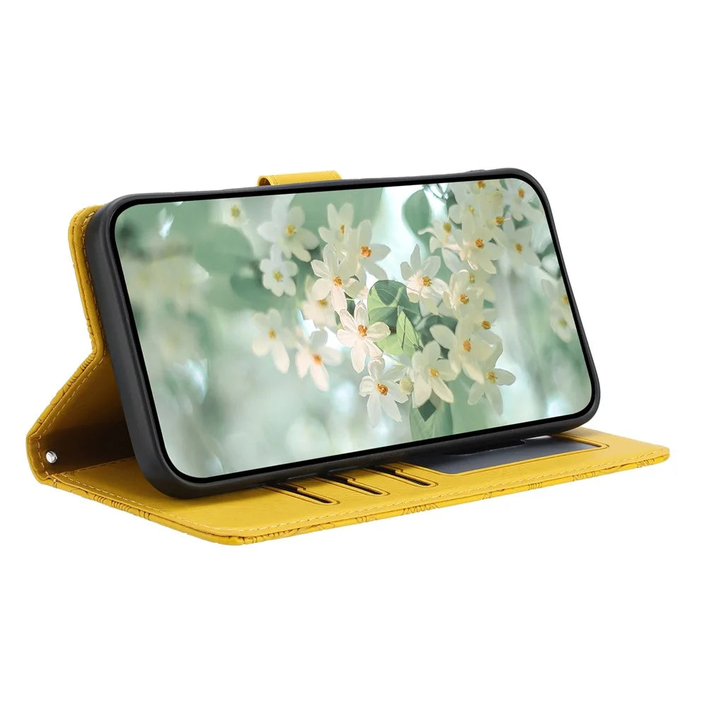For Samsung Galaxy S25 / S24 Case Flower Imprint Leather Flip Wallet Phone Cover with Wrist Strap - Yellow - 3