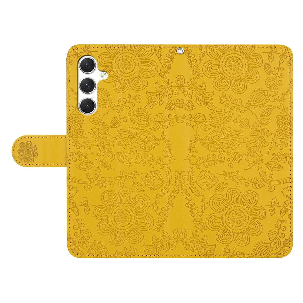 For Samsung Galaxy S25 / S24 Case Flower Imprint Leather Flip Wallet Phone Cover with Wrist Strap - Yellow - 4