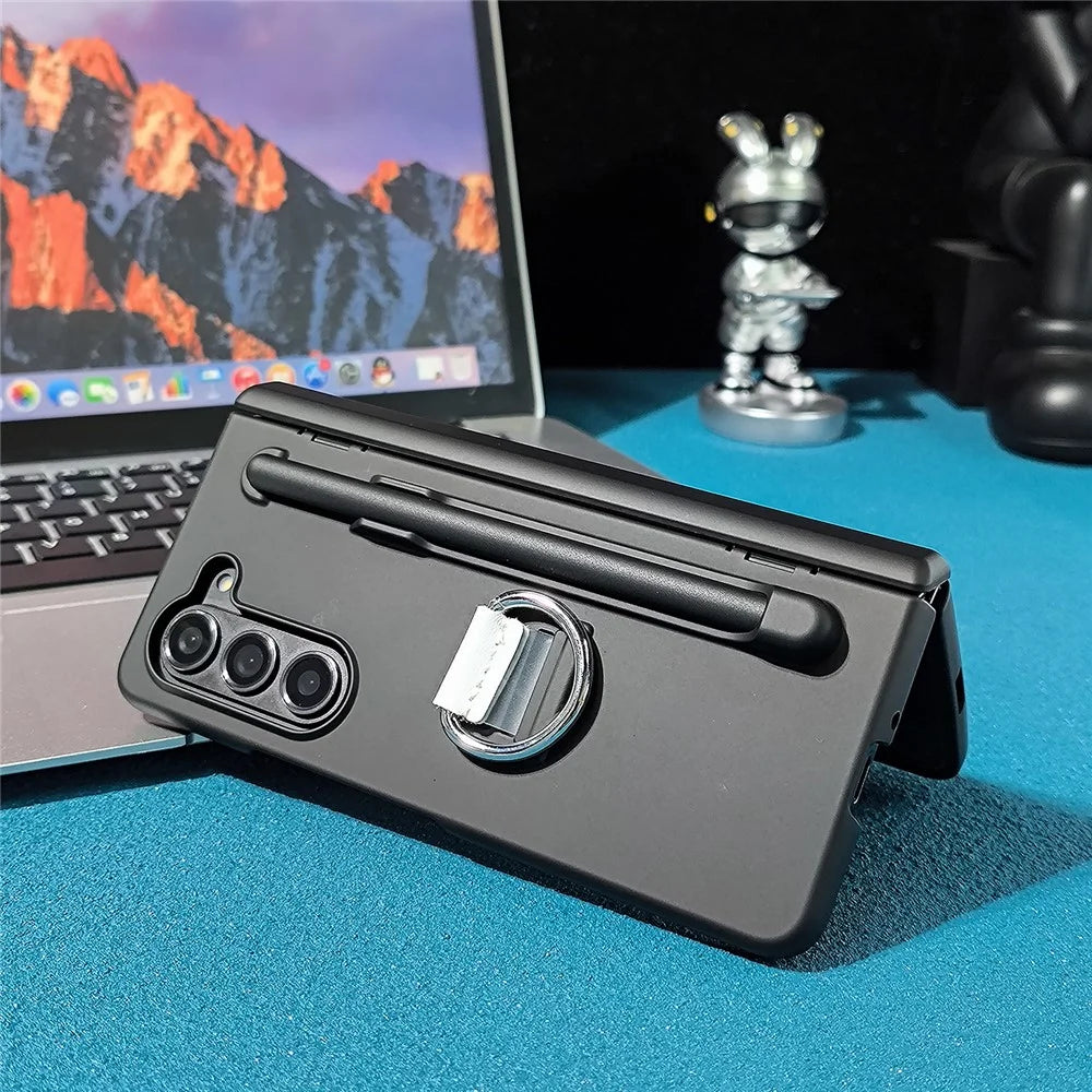 For Samsung Galaxy Z Fold5 5G Case Skin-Touch PC Phone Cover with Stylus and Stylus Slot - Transparent Black - 3