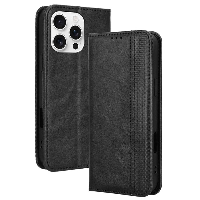 For iPhone 16 Pro Max Leather Case Wallet Stand Retro Texture Phone Cover - Black - 1