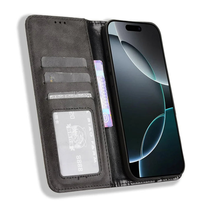 For iPhone 16 Pro Max Leather Case Wallet Stand Retro Texture Phone Cover - Black - 2