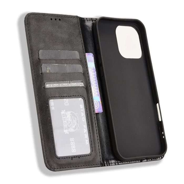 For iPhone 16 Pro Max Leather Case Wallet Stand Retro Texture Phone Cover - Black - 4