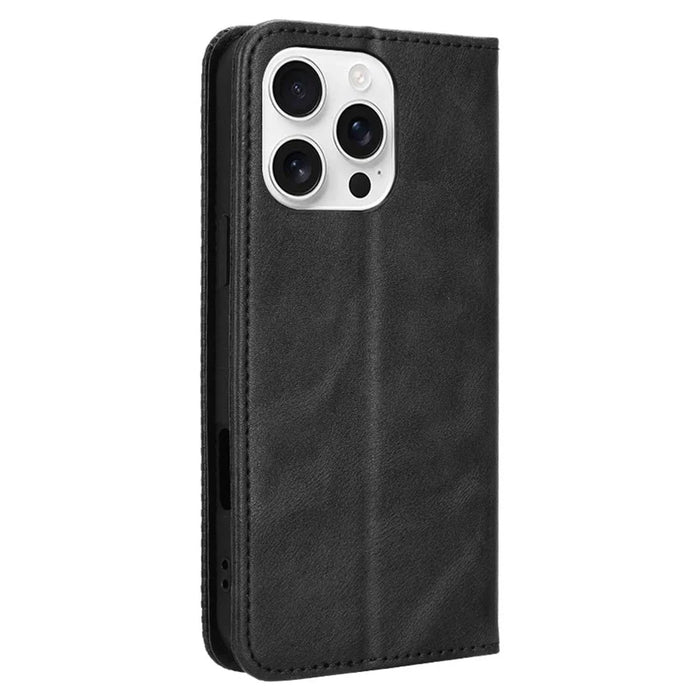 For iPhone 16 Pro Max Leather Case Wallet Stand Retro Texture Phone Cover - Black - 7
