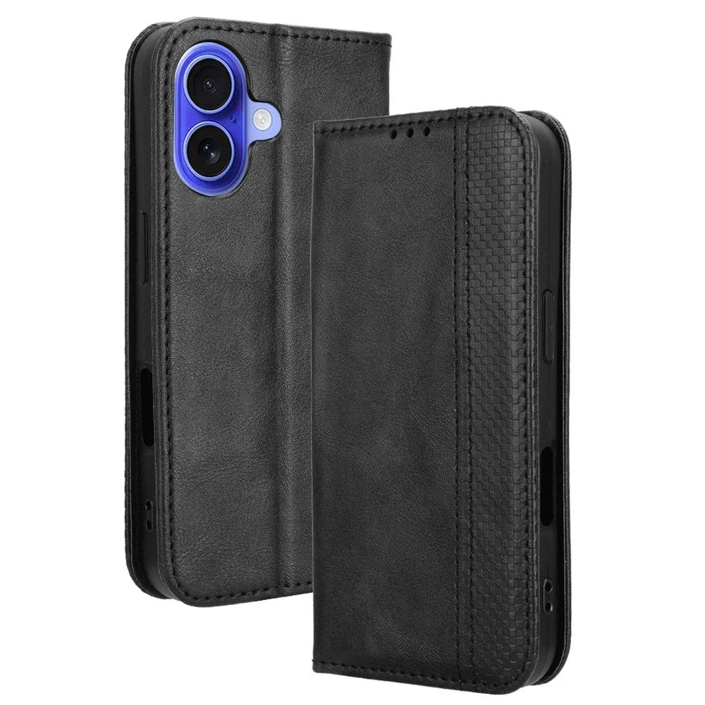 For iPhone 16 Plus Leather Case Wallet Stand Retro Texture Phone Cover - Black - 1