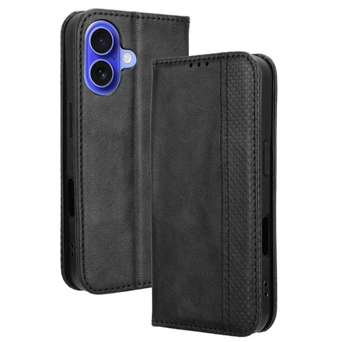 For iPhone 16 Plus Leather Case Wallet Stand Retro Texture Phone Cover - Black - 1