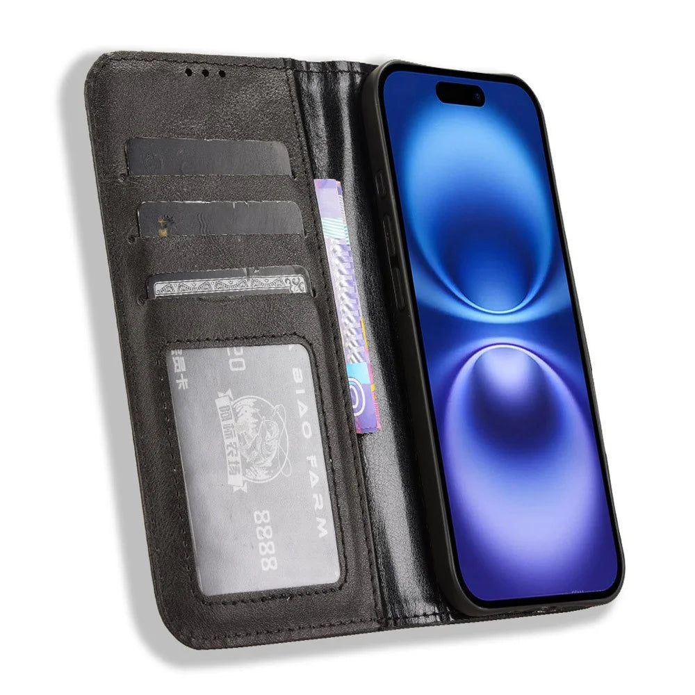 For iPhone 16 Plus Leather Case Wallet Stand Retro Texture Phone Cover - Black - 2