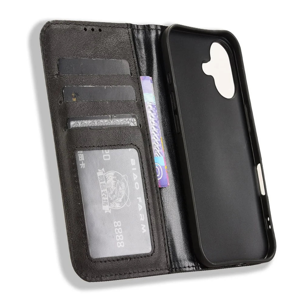 For iPhone 16 Plus Leather Case Wallet Stand Retro Texture Phone Cover - Black - 4