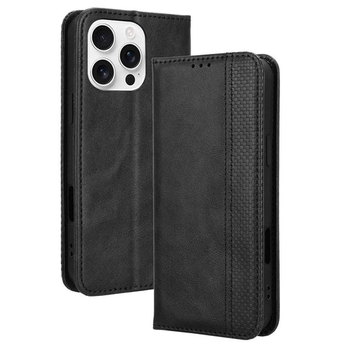 For iPhone 16 Pro Leather Case Wallet Stand Retro Texture Phone Cover - Black - 1