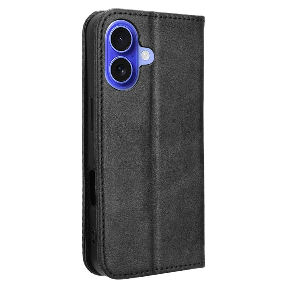 For iPhone 16 Leather Case Wallet Stand Retro Texture Phone Cover - Black - 7