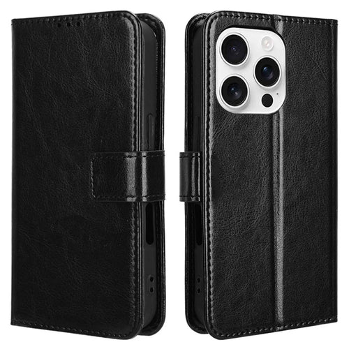 For iPhone 16 Pro Max Case Crazy Horse Texture PU Leather Phone Wallet Cover - Black - 1
