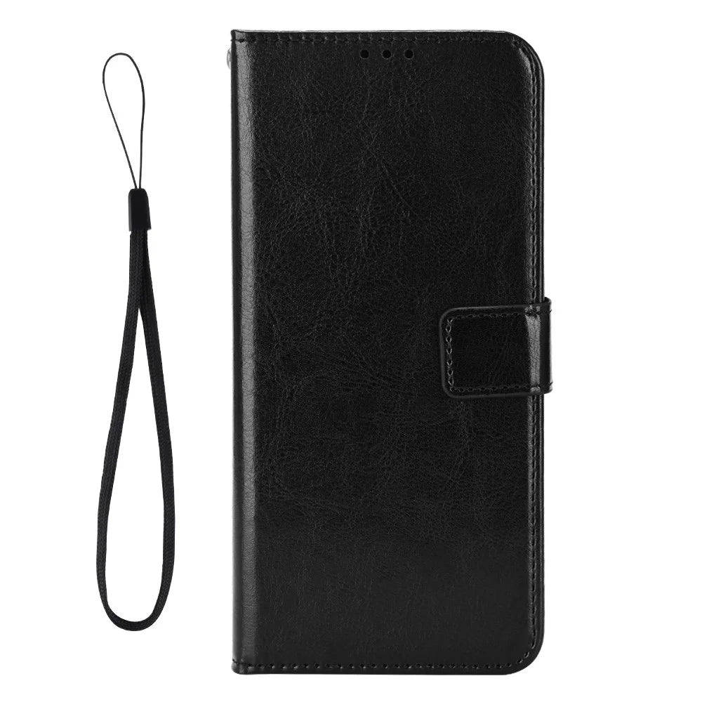 For iPhone 16 Pro Max Case Crazy Horse Texture PU Leather Phone Wallet Cover - Black - 6