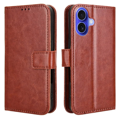 For iPhone 16 Plus Case Crazy Horse Texture PU Leather Phone Wallet Cover - Brown - 1