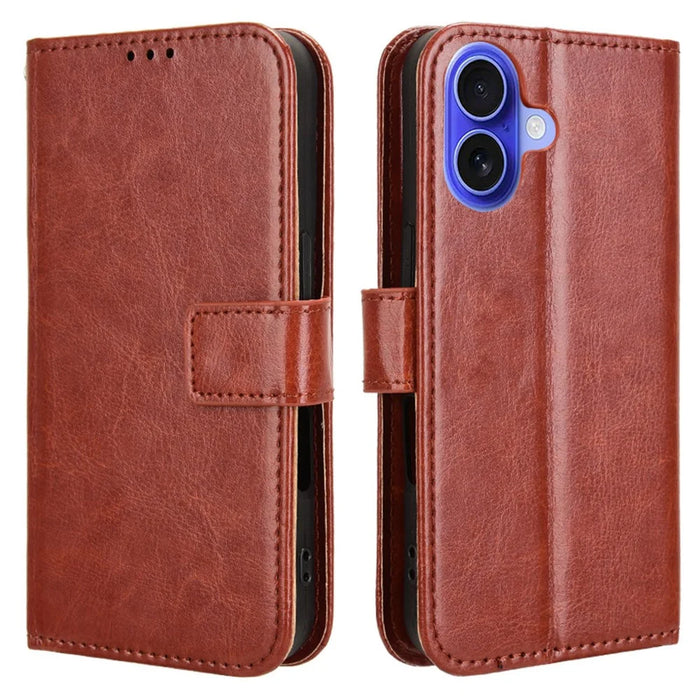 For iPhone 16 Plus Case Crazy Horse Texture PU Leather Phone Wallet Cover - Brown - 1