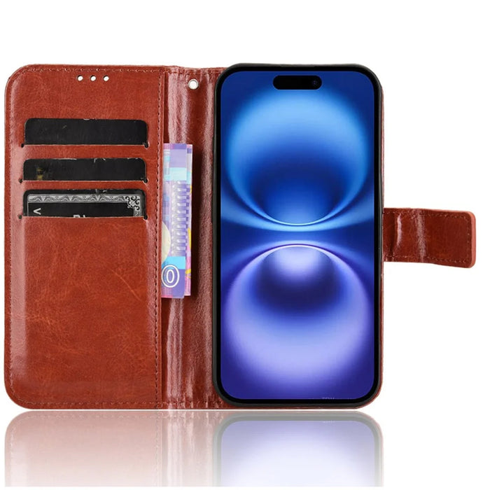 For iPhone 16 Plus Case Crazy Horse Texture PU Leather Phone Wallet Cover - Brown - 2