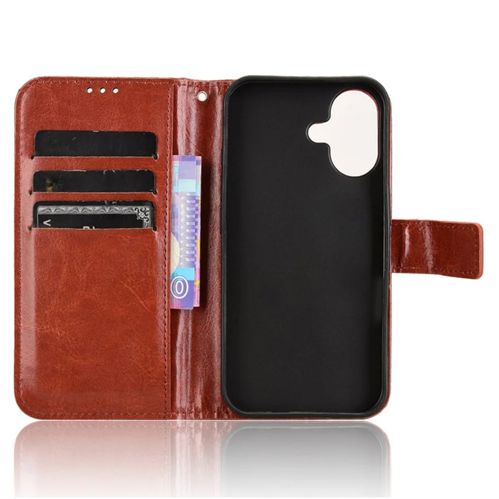 For iPhone 16 Plus Case Crazy Horse Texture PU Leather Phone Wallet Cover - Brown - 4