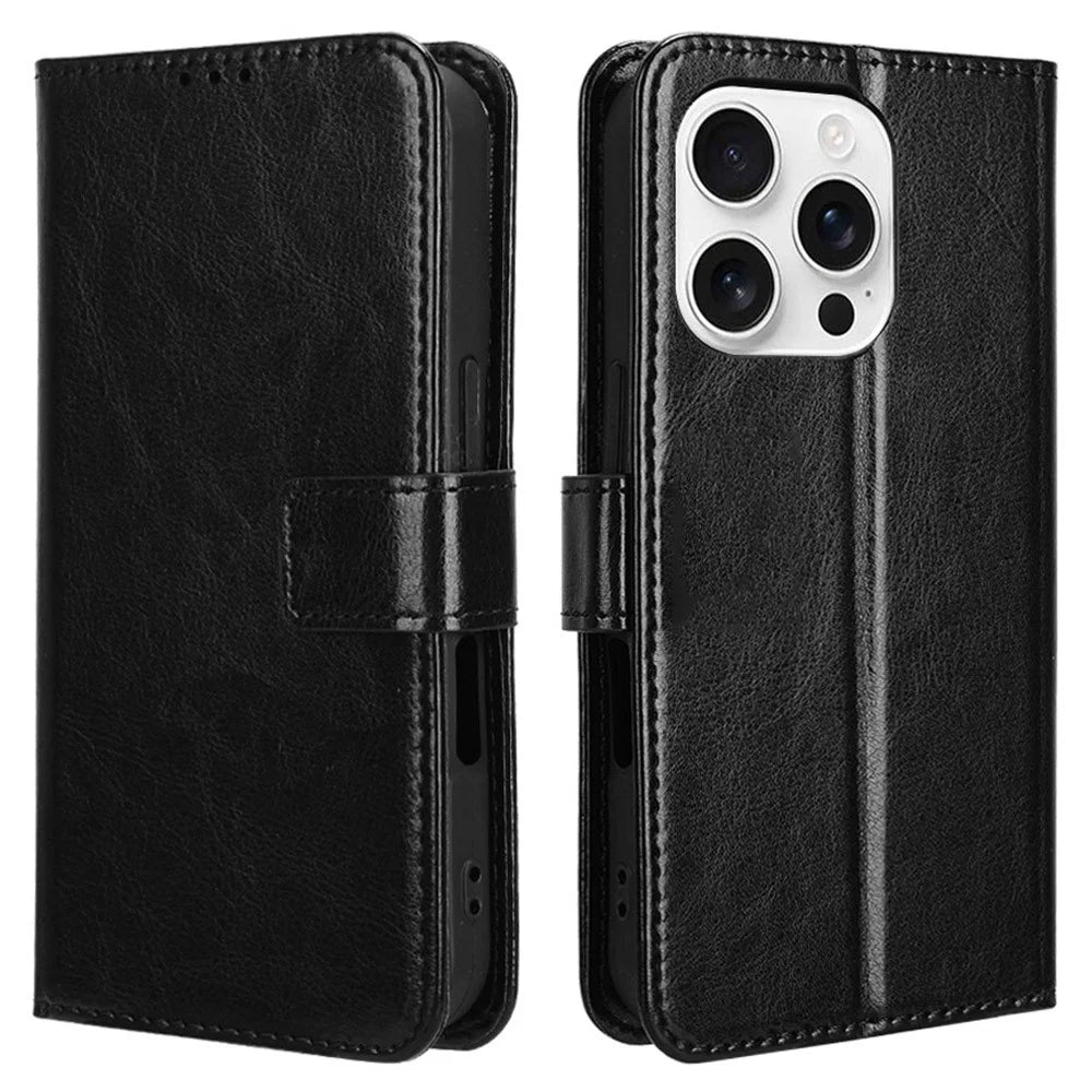 For iPhone 16 Pro Case Crazy Horse Texture PU Leather Phone Wallet Cover - Black - 1