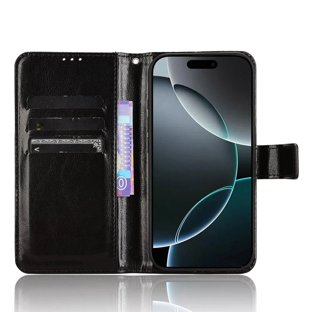 For iPhone 16 Pro Case Crazy Horse Texture PU Leather Phone Wallet Cover - Black - 2