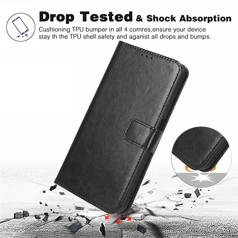 For iPhone 16 Pro Case Crazy Horse Texture PU Leather Phone Wallet Cover - Black - 4