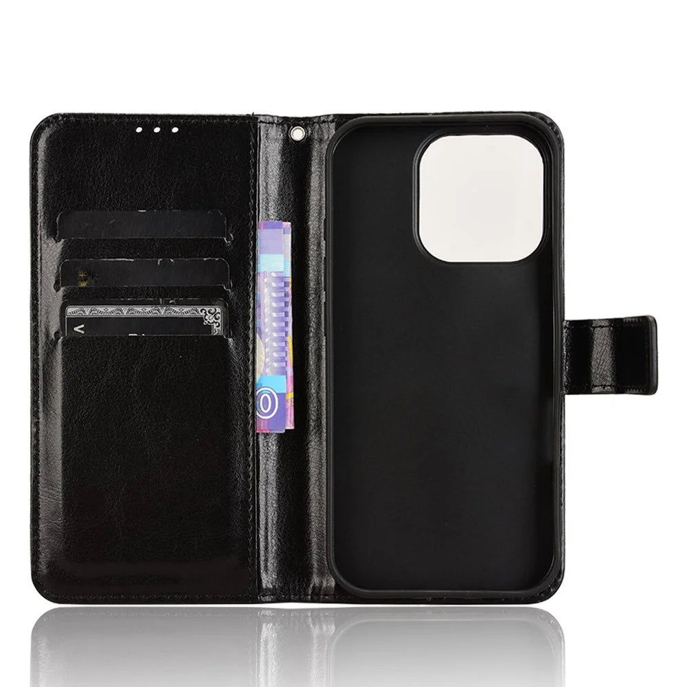For iPhone 16 Pro Case Crazy Horse Texture PU Leather Phone Wallet Cover - Black - 5