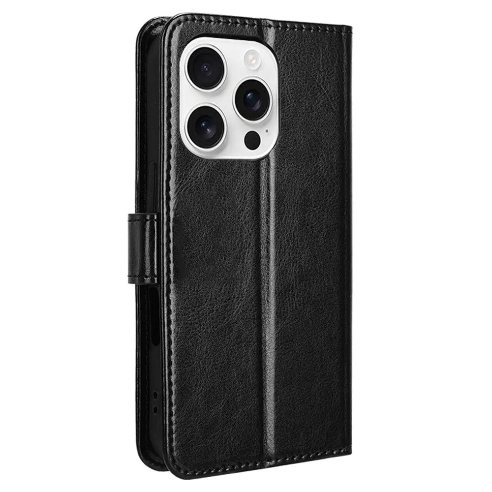 For iPhone 16 Pro Case Crazy Horse Texture PU Leather Phone Wallet Cover - Black - 7