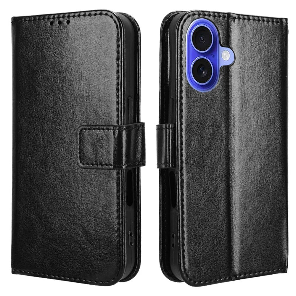 For iPhone 16 Case Crazy Horse Texture PU Leather Phone Wallet Cover - Black - 1