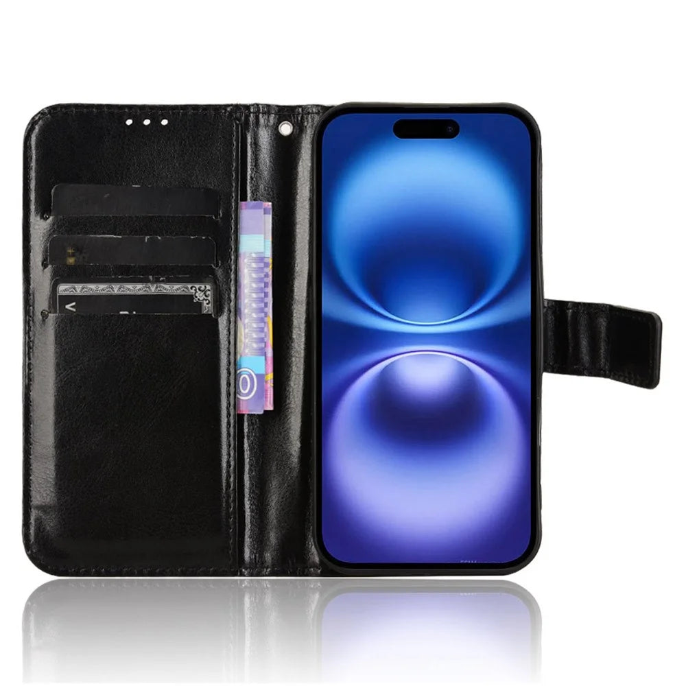 For iPhone 16 Case Crazy Horse Texture PU Leather Phone Wallet Cover - Black - 2
