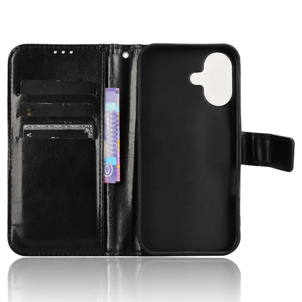 For iPhone 16 Case Crazy Horse Texture PU Leather Phone Wallet Cover - Black - 4