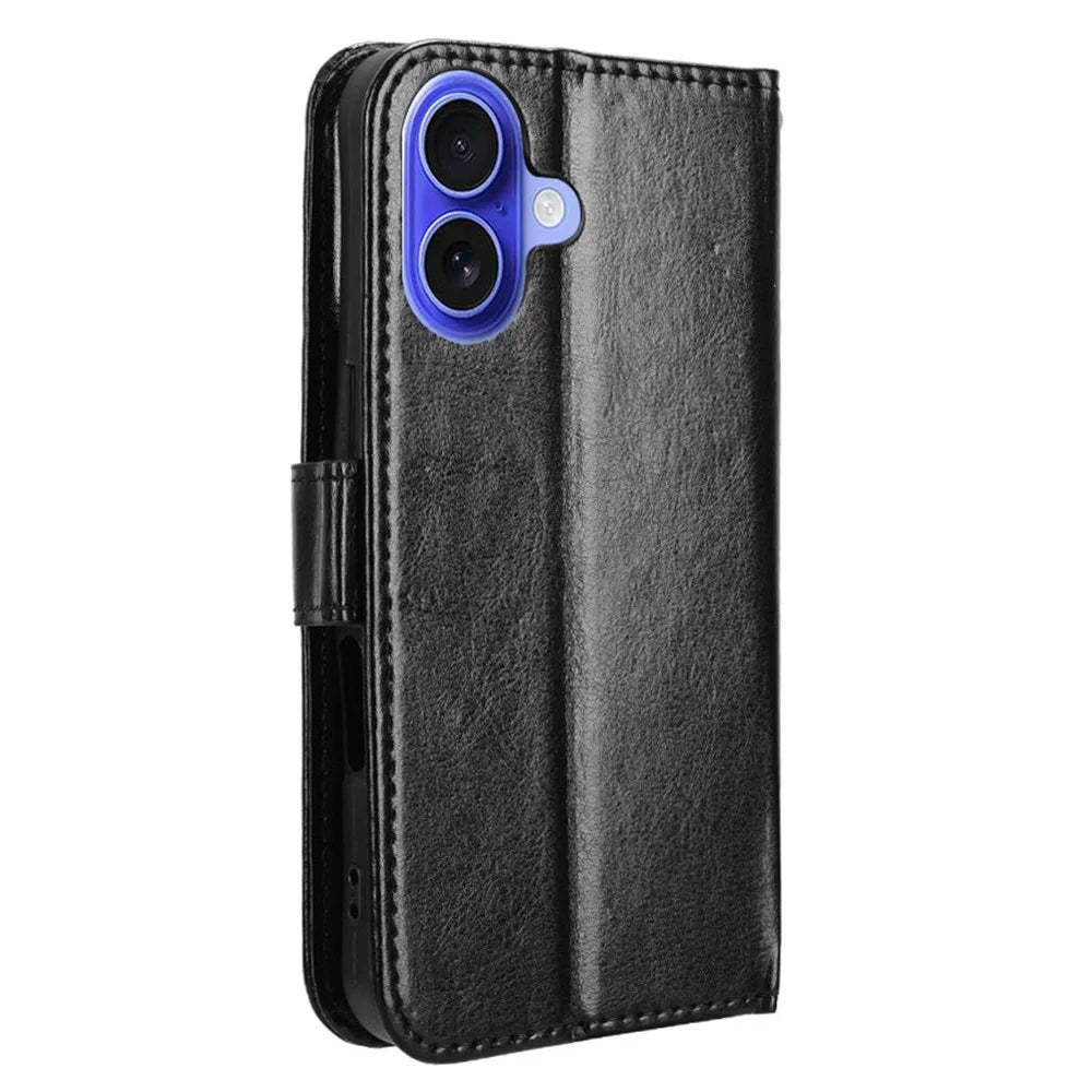 For iPhone 16 Case Crazy Horse Texture PU Leather Phone Wallet Cover - Black - 6