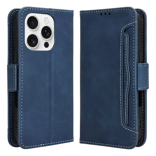 For iPhone 16 Pro Max Leather Case Phone Wallet Cover with Multiple Card Slots - Blue - 1