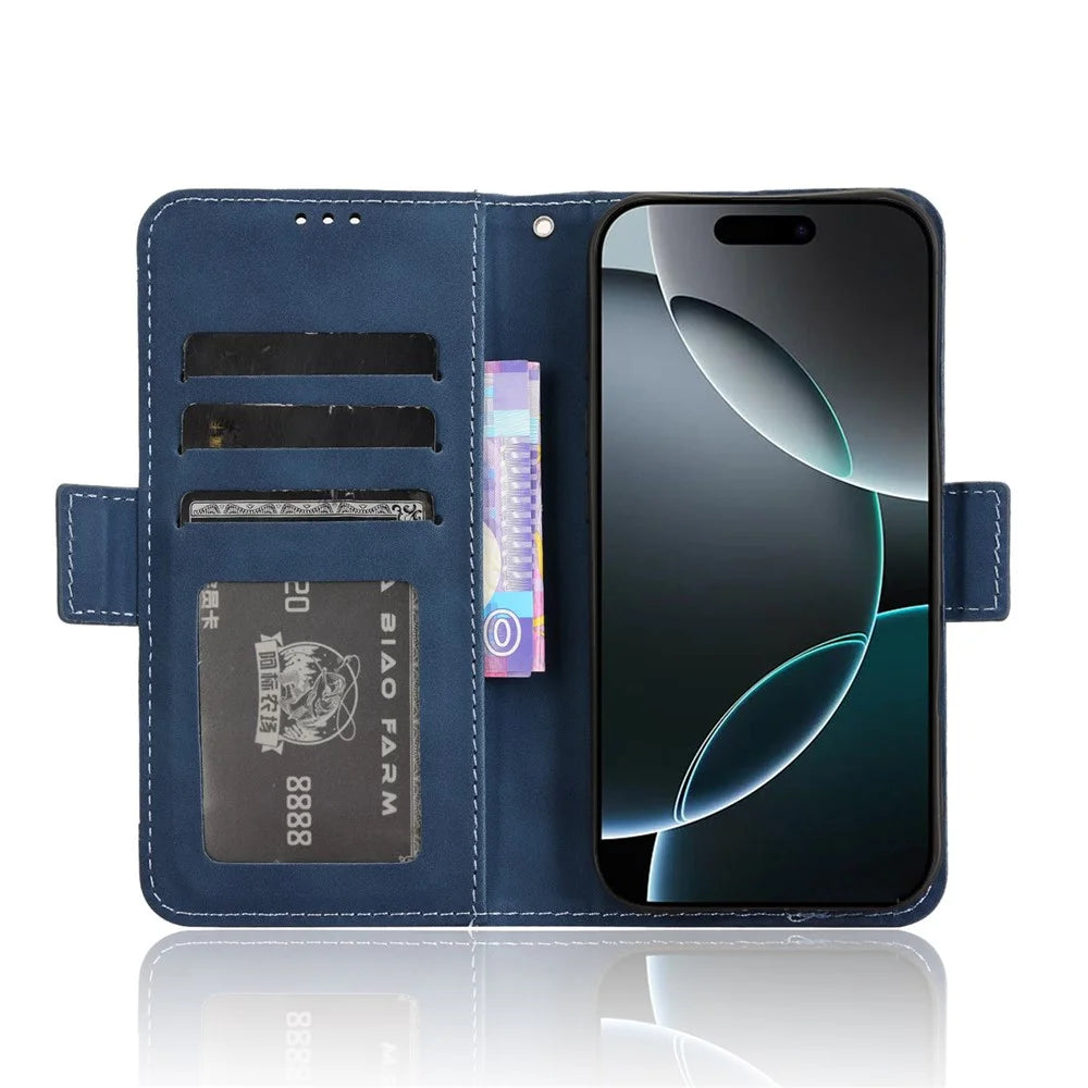 For iPhone 16 Pro Max Leather Case Phone Wallet Cover with Multiple Card Slots - Blue - 3