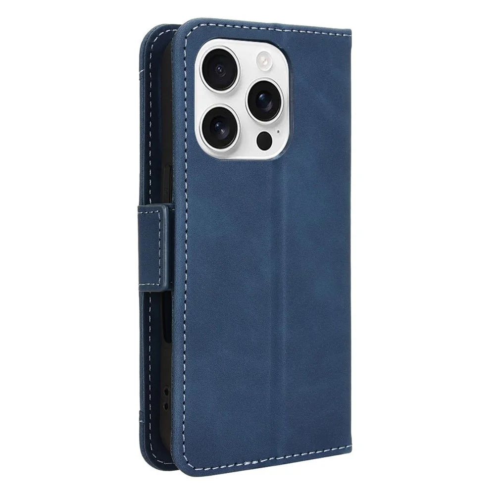 For iPhone 16 Pro Max Leather Case Phone Wallet Cover with Multiple Card Slots - Blue - 7