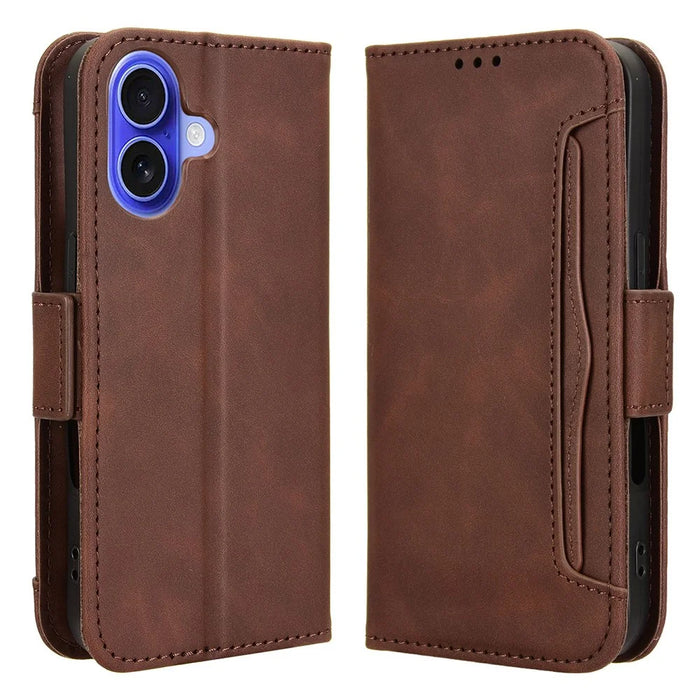 For iPhone 16 Plus Leather Case Phone Wallet Cover with Multiple Card Slots - Brown - 1