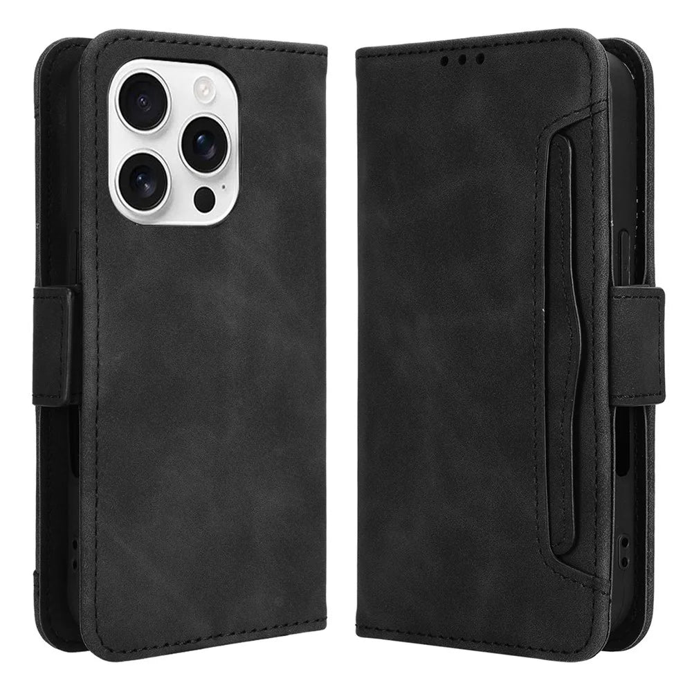 For iPhone 16 Pro Leather Case Phone Wallet Cover with Multiple Card Slots - Black - 1