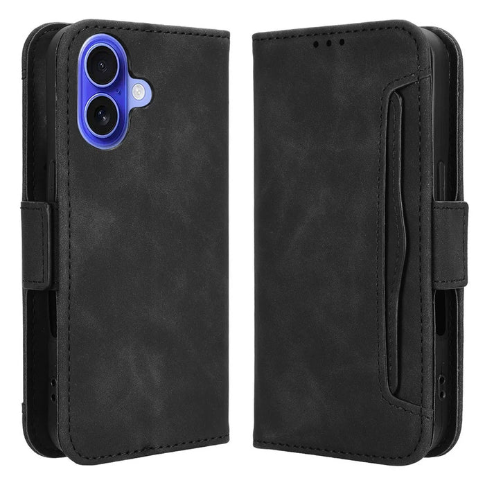For iPhone 16 Leather Case Phone Wallet Cover with Multiple Card Slots - Black - 1