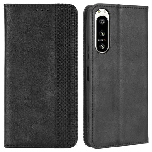 For Sony Xperia 5 IV 5G Vintage Texture Magnetic Auto-absorbed PU Leather Case Wallet Stand Phone Cover - Black - 1