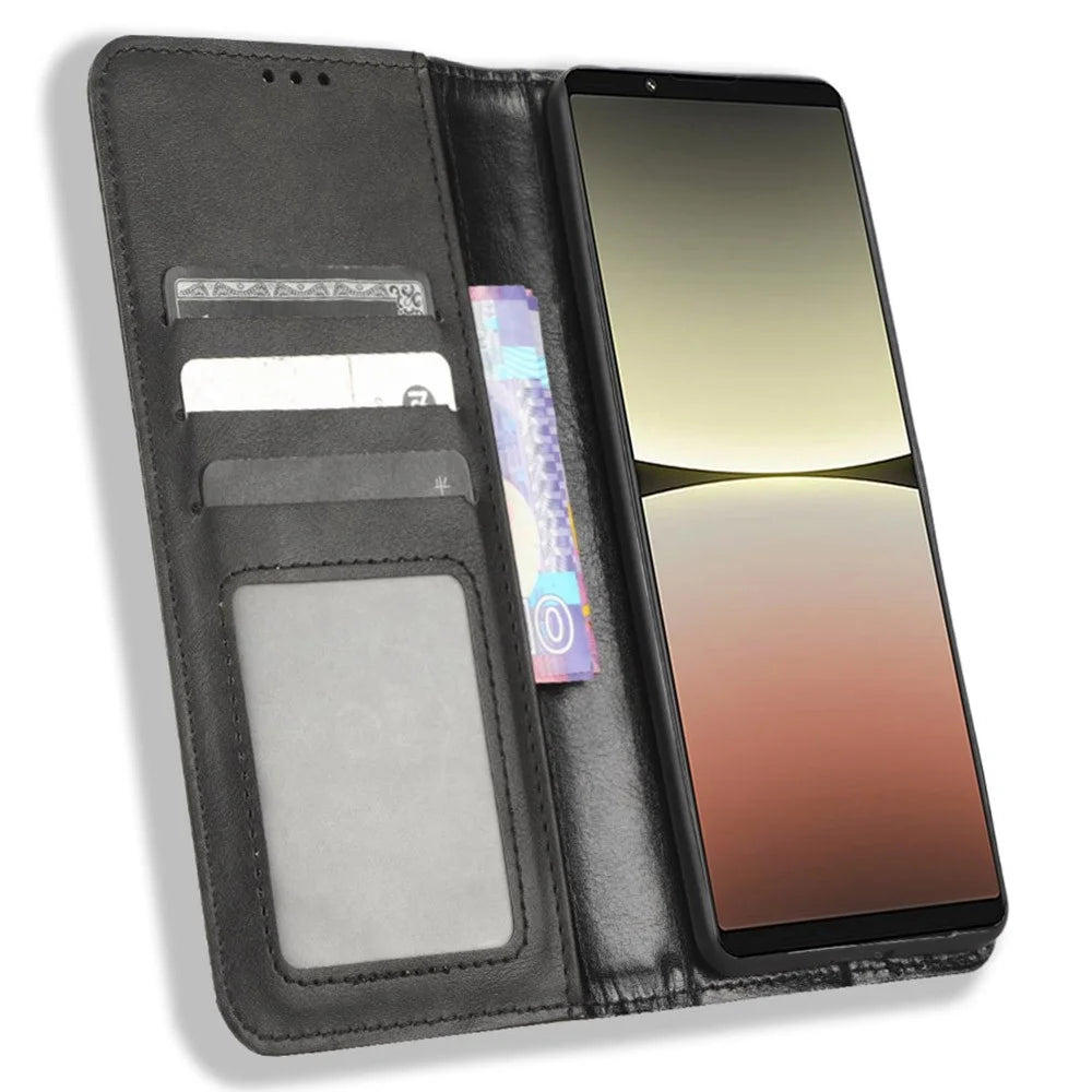 For Sony Xperia 5 IV 5G Vintage Texture Magnetic Auto-absorbed PU Leather Case Wallet Stand Phone Cover - Black - 2