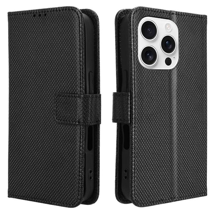 For iPhone 16 Pro Max Case PU Leather Diamond Texture Wallet Phone Cover - Black - 1