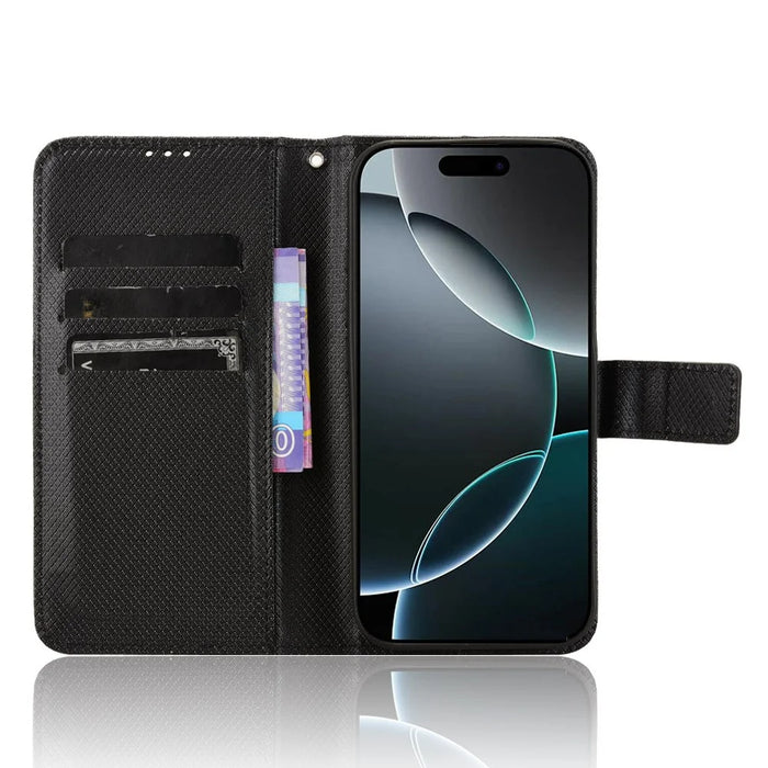 For iPhone 16 Pro Max Case PU Leather Diamond Texture Wallet Phone Cover - Black - 2